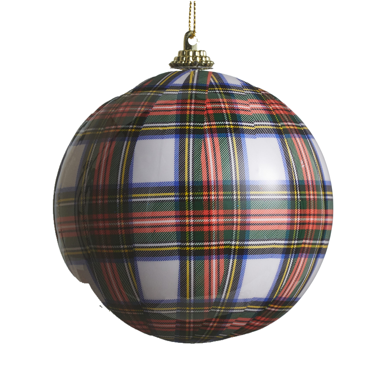 Boule de Noël à carreaux tartan – Blanc – 4 po