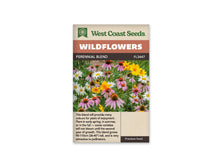 Sachet West Coast Seeds Perennial Blend montrant des fleurs roses à cœur brun orangé, des fleurs jaunes et des marguerites blanches. Les capitules sont répartis à différentes hauteurs dans un feuillage vert. Les pétales roses se penchent autour de centres saillants. La photo présente un massif dense, avec plusieurs fleurs ouvertes au premier plan.