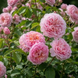 Des fleurs roses aux pétales denses côtoient des centres pêche sur de petites feuilles vertes et des boutons ronds. Le cadrage montre des formes superposées et des contrastes visibles entre les surfaces claires et sombres. Les contours, les textures et les couleurs se distinguent. Certaines parties se placent derrière d'autres et donnent de la profondeur à l'ensemble, tandis que le sujet principal reste visible.