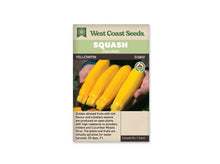 Sachet beige de semences Yellowfin avec bandeau vert pâle, nom sur fond brun et mention biologique. La photo montre quatre courgettes jaune doré, longues et lisses, tenues dans deux mains devant un feuillage sombre. Les fruits brillants sont alignés côte à côte. Le texte anglais et la mention de catégorie des semences figurent au bas.