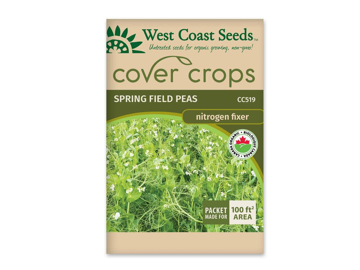 Sachet beige et vert West Coast Seeds de la gamme Cover Crops, portant le nom anglais Spring Field Peas. La photographie montre des feuilles vertes, des vrilles et de petites fleurs blanches de pois. Le logo biologique apparaît dans le coin inférieur gauche. Un encadré dans le coin inférieur droit annonce une couverture de 100 pieds carrés. Le sachet est présenté sur un fond blanc.