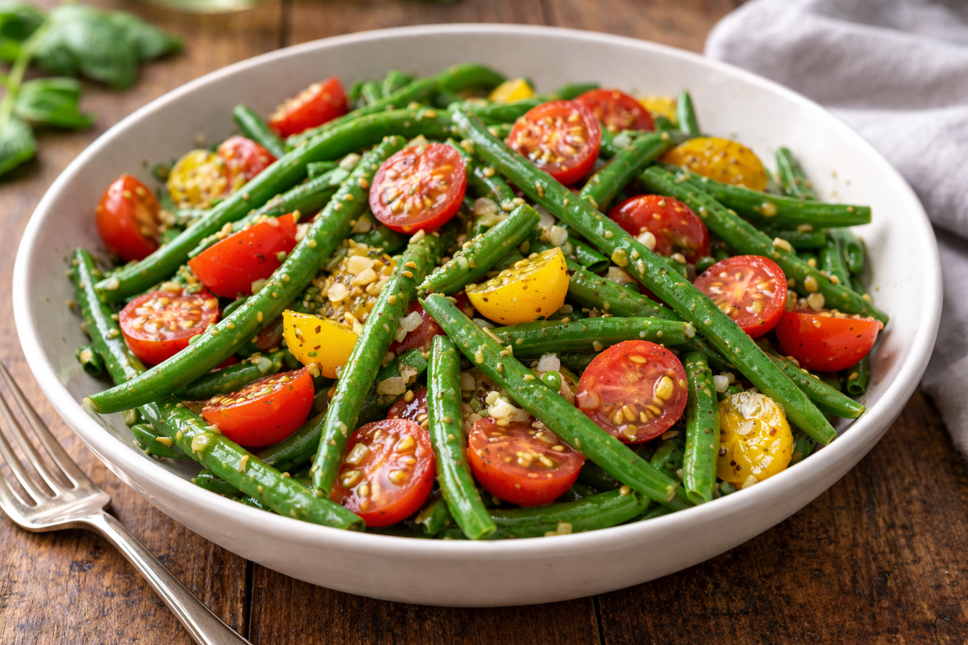 Green bean salad with cherry tomatoes and mustard vinaigrette