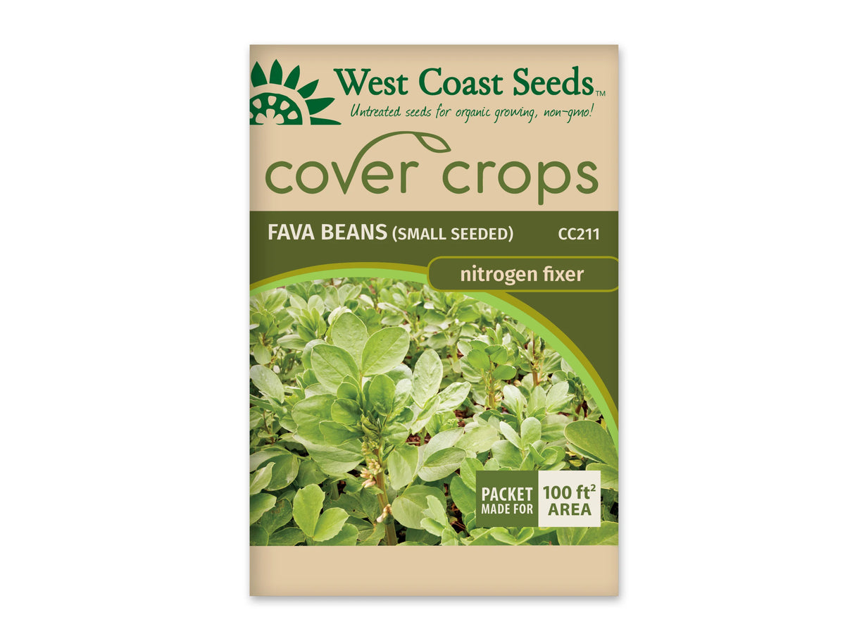 Sachet beige et vert West Coast Seeds de la gamme Cover Crops, portant le nom anglais Fava Beans (Small Seeded) et le code CC211. La photo centrale montre de nombreuses tiges dressées portant des feuilles vertes larges et ovales. Un encadré vert et blanc dans le coin inférieur droit annonce une couverture de 100 pieds carrés. Le sachet est présenté sur fond blanc.