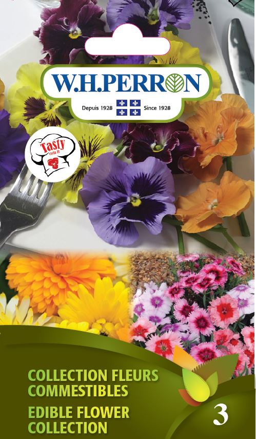 Sachet de semences W.H. Perron : Fleurs comestibles mélange. L’emballage présente le nom de la sélection et une illustration de la plante ou de la récolte. Cette photographie montre la face avant du sachet, avec les renseignements imprimés visibles et les éléments graphiques qui permettent de reconnaître le produit parmi les autres semences de la gamme.