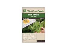 Sachet beige de semences Little Gem en ruban avec un large bandeau vert. La photo montre une petite laitue verte tenue dans une main, sur fond de jardin flou. Un ruban blanc portant des graines traverse le haut de l'image en diagonale, près d'une pastille jaune. Le nom et le texte descriptif sont imprimés en anglais.