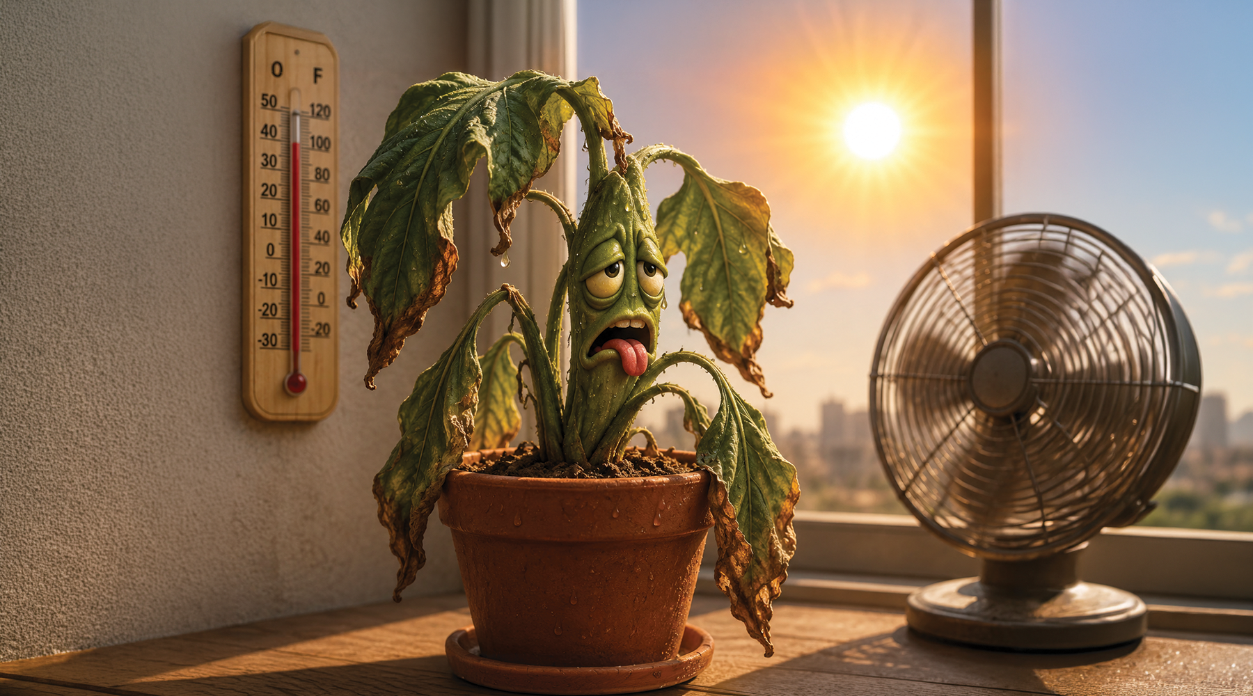 Plante flétrie par la chaleur devant une fenêtre, avec thermomètre et ventilateur, annonçant une fermeture exceptionnelle à 15 h.