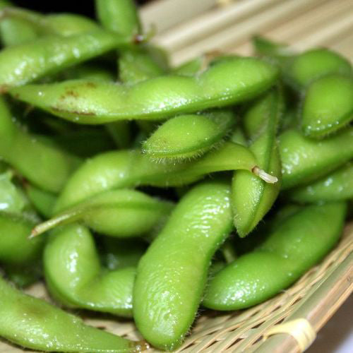 Soja edamame Envy. Gousses d’edamame vertes réunies dans un panier. Le cadrage permet de voir les formes, les couleurs et les détails du sujet représenté. Les contours se détachent du fond de l’image, avec des différences de teinte et de texture visibles sur les surfaces. Cette vue accompagne la présentation du produit dans la boutique.