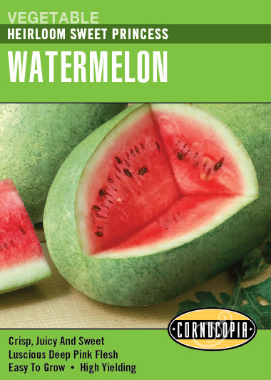 Visuel officiel de Cornucopia associé aux semences de Melon d’eau ‘Sweet Princess’, référence CS310. Cette référence propose le melon d’eau Sweet Princess. Il demande de la chaleur et une saison suffisamment longue pour permettre aux fruits de mûrir. Cette image accompagne la fiche de cette sélection et permet de repérer le produit correspondant dans le catalogue de semences.