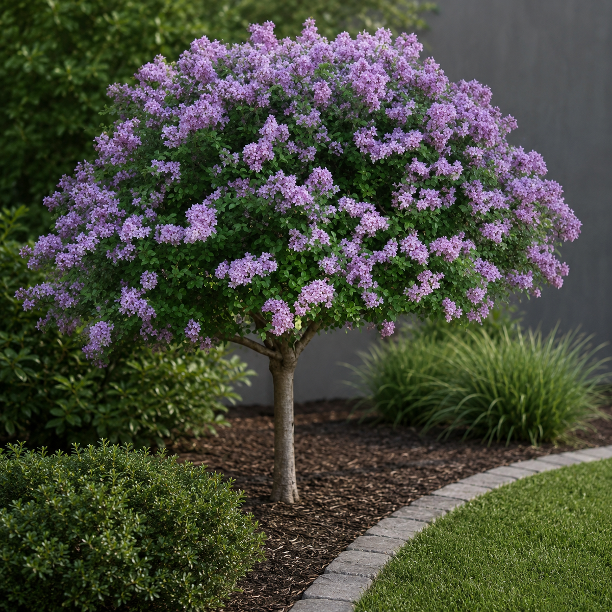 Lilas sur tige en pleine floraison, avec une couronne arrondie de fleurs mauves et un feuillage vert dense, planté dans une plate-bande aménagée avec paillis, bordure de pierre et graminées décoratives.