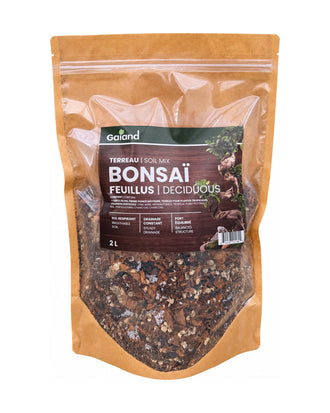 Sac de terreau Bonsaï feuillus Gaïand 2 L présenté en serre avec différents bonsaïs en pots
