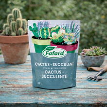 Sac de terreau Fafard pour cactus et succulentes 8.8 L posé sur une table de jardin avec cactus en arrière-plan.