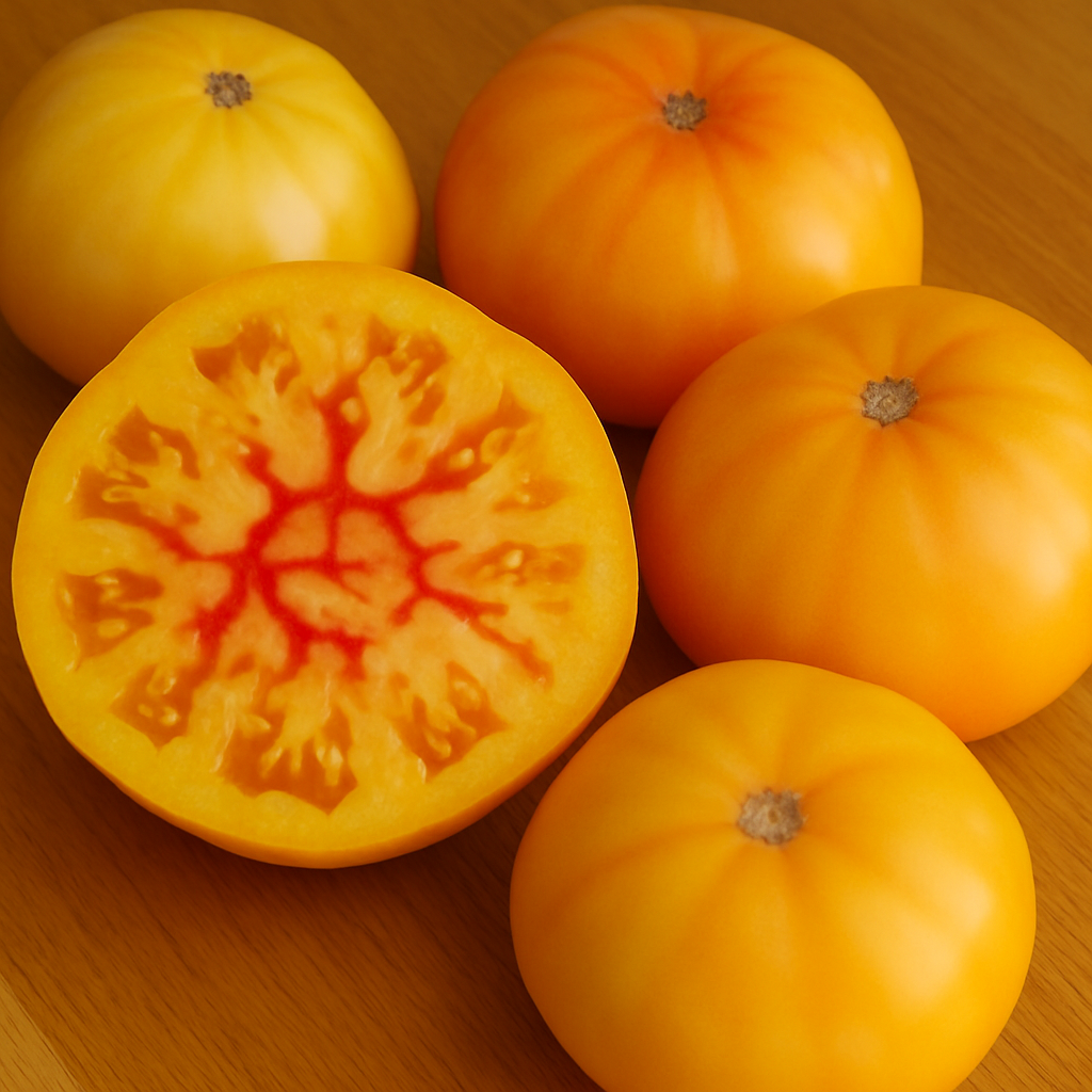 Organic ‘Oma’s Orange’ tomato (<em>Solanum lycopersicum</em> ‘Oma’s Orange’)