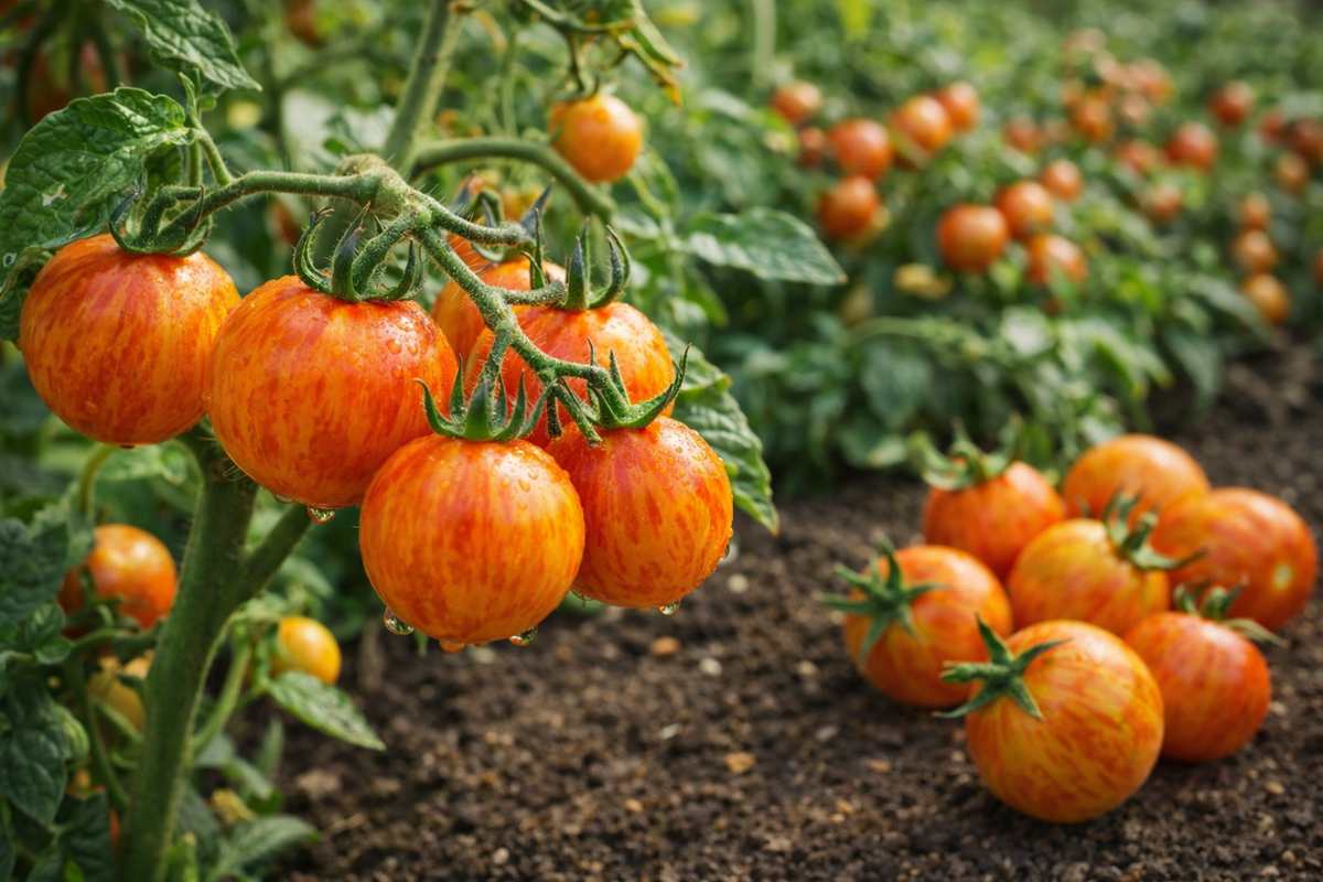 Organic striped ‘Sunrise Bumble Bee’ cherry tomato (<em>Solanum lycopersicum</em> ‘Sunrise Bumble Bee’)