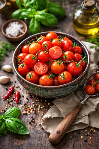 Photo de Tomate cocktail 'PetiteBec'. Petites tomates rouges dans un bol, avec plusieurs fruits disposés autour. Les tomates sont rondes et brillantes. L'image du sachet présente les fruits sur un fond sombre, au-dessus du nom imprimé de la variété. Le visuel permet d'observer les contours, les teintes et la disposition des éléments présentés.