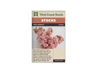 Le sachet de West Coast Seeds présente plusieurs tiges de giroflées aux fleurs doubles rose pêche et abricot clair. Des boutons verts et rosés restent visibles au sommet des épis. Les pétales se superposent sur un fond clair, avec quelques tiges vertes apparentes. Le nom Katz Apricot et la référence FL2066 figurent au-dessus de la photo.