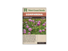 Sachet Lavender Lady de West Coast Seeds sur fond blanc. La photo présente de nombreuses têtes rondes rose lavande sur de fines tiges vertes, parmi des feuilles allongées. Certaines fleurs sont nettes au premier plan et d’autres floues derrière. Le bandeau orange indique Gomphrena; la bande brune porte Lavender Lady et le code FL4062.