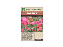 Sachet Shirley Double Mix de West Coast Seeds sur fond blanc. La photo montre surtout des fleurs roses, avec quelques corolles rouges, sur de longues tiges vertes fines. De nombreux boutons penchés et des capsules se dressent entre les fleurs ouvertes. Le bandeau orange indique Poppies et la bande brune porte Shirley Double Mix, code FL3106.