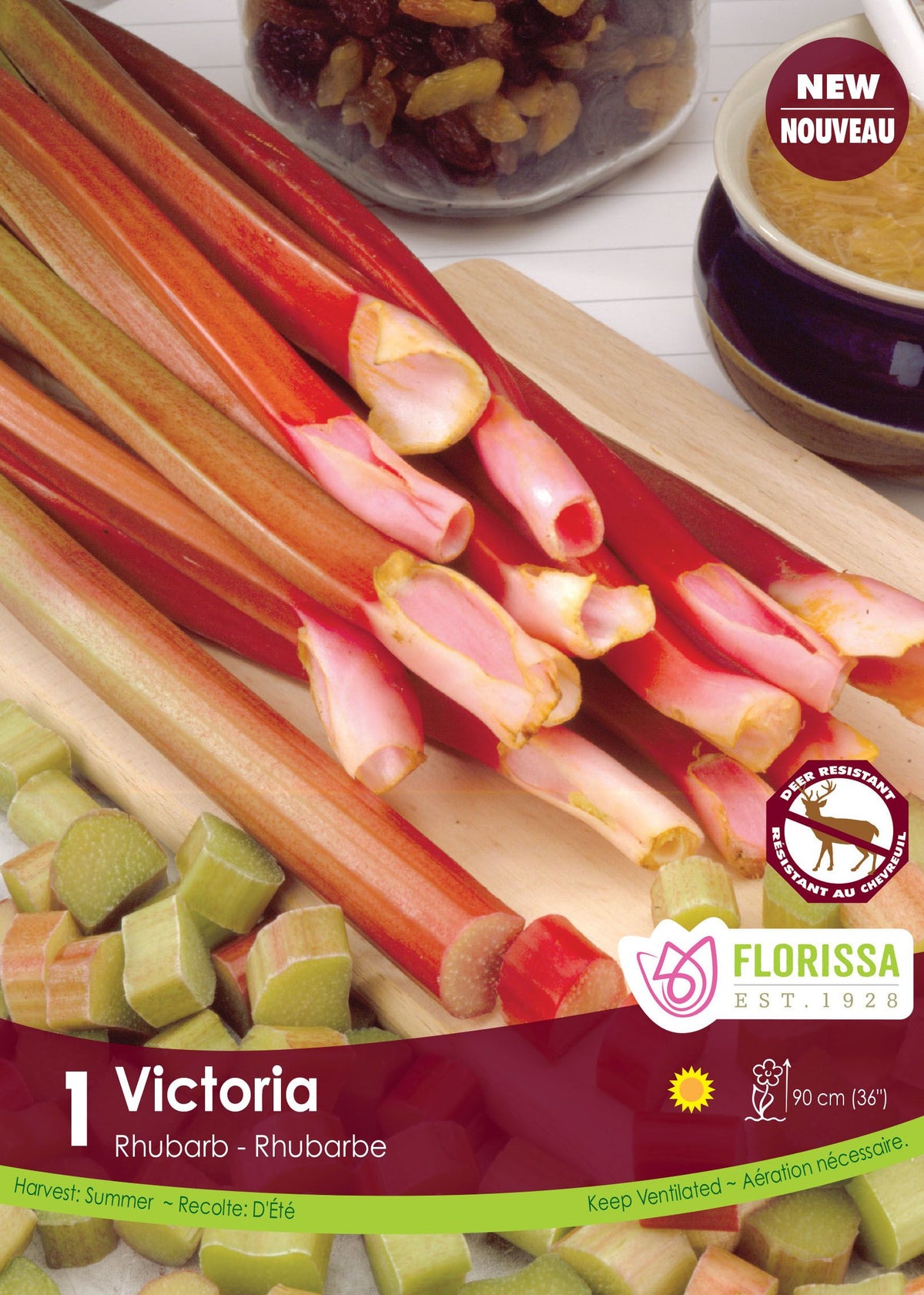 Rhubarbe ‘Victoria’ ( Rheum ) : des tiges de rhubarbe rouge et verte sur une planche. Le visuel Florissa présente la plante et son nom dans la partie inférieure de l’étiquette. La photographie occupe presque toute la surface, tandis que le bandeau du bas rassemble les indications du produit. Cette vue permet de reconnaître son apparence et de distinguer la variété présentée.