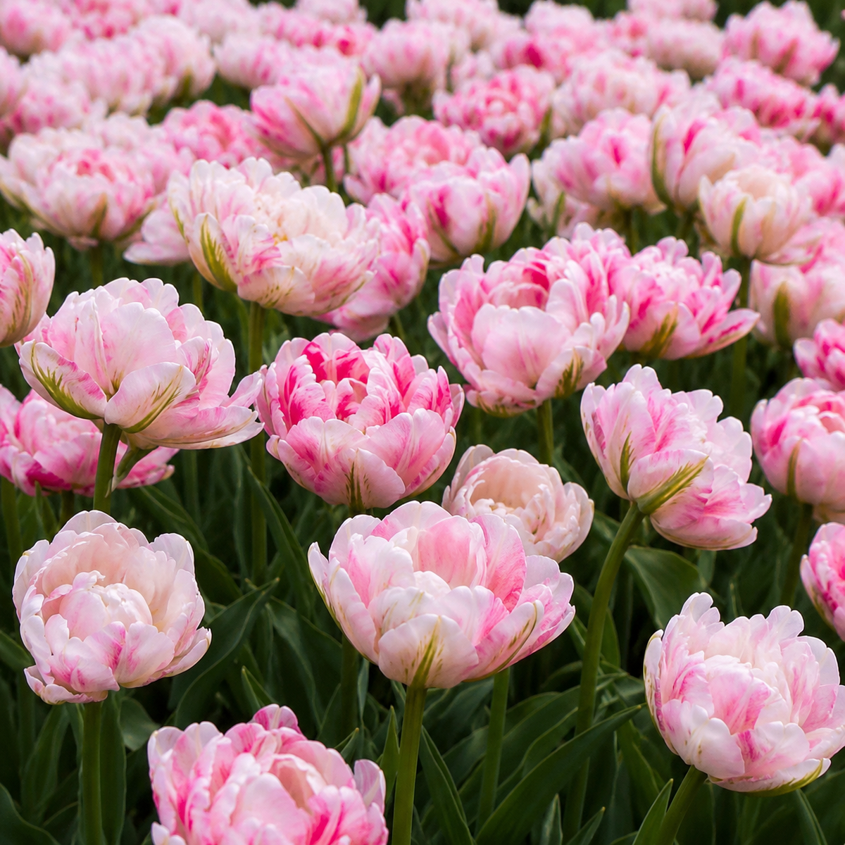 Tulipe ‘Finola’ ( Tulipa ) : un massif de tulipes doubles roses à bordure claire. Cette photographie montre le sujet de près et permet d’en observer les formes, les couleurs et la disposition. Le cadrage attire l’attention sur les éléments visibles au premier plan. Cette vue complète la présentation du produit en donnant un aperçu de son apparence à cette étape, dans la scène photographiée.