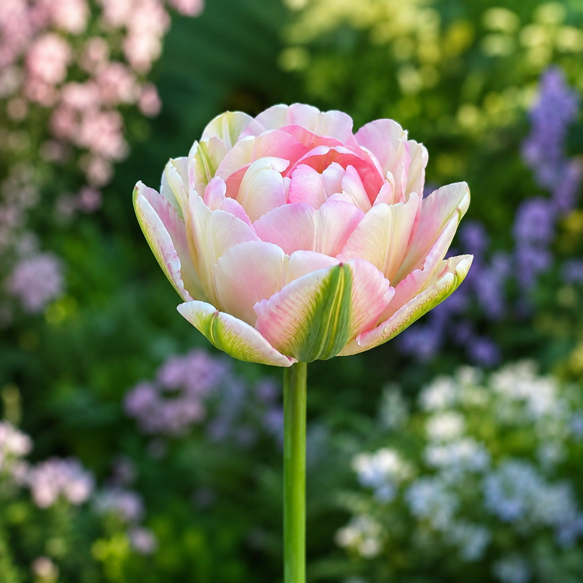 Tulipe ‘Finola’ ( Tulipa ) : une tulipe double rose et crème photographiée seule sur un fond de jardin flou. Cette photographie montre le sujet de près et permet d’en observer les formes, les couleurs et la disposition. Le cadrage attire l’attention sur les éléments visibles au premier plan. Cette vue complète la présentation du produit en donnant un aperçu de son apparence à cette étape, dans la scène photographiée.