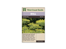 Sachet d’aneth Dukat West Coast Seeds présenté de face sur fond blanc. La photographie montre plusieurs grandes ombelles de petites fleurs jaunes, portées par des tiges vertes parmi le feuillage. Le bandeau mauve porte le mot DILL, et le nom DUKAT DILL apparaît juste dessous. Une description en anglais occupe la partie beige inférieure.