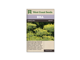 Sachet d’aneth Dukat West Coast Seeds présenté de face sur fond blanc. La photographie montre plusieurs grandes ombelles de petites fleurs jaunes, portées par des tiges vertes parmi le feuillage. Le bandeau mauve porte le mot DILL, et le nom DUKAT DILL apparaît juste dessous. Une description en anglais occupe la partie beige inférieure.