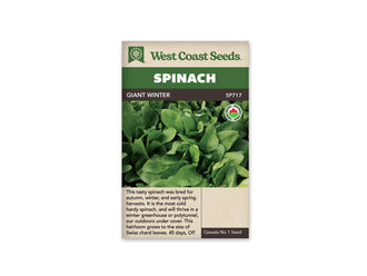 Sachet West Coast Seeds Giant Winter montrant de nombreuses feuilles d’épinard vertes, allongées à triangulaires. Les feuilles se superposent avec des nervures claires et des pointes arrondies. Un logo biologique rond apparaît à droite de la photo. Le nom Giant Winter est placé dans le bandeau brun, sous le titre Spinach.