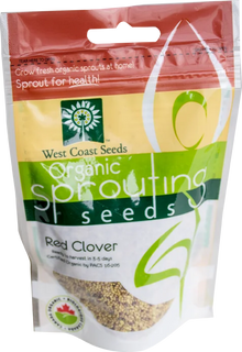 Sachet West Coast Seeds à partie supérieure rouge, avec une étiquette vert jaune portant le nom anglais Red Clover. La fenêtre transparente laisse voir de minuscules graines jaune beige et brunes. Le bas blanc de l'emballage présente le logo biologique canadien et les indications de germination. Le délai de 3 à 5 jours est visible sur le devant.