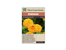 Sachet West Coast Seeds Oklahoma Yellow montrant plusieurs fleurs jaune doré. Les pétales arrondis sont disposés en rangs serrés. La fleur à l’avant possède un petit centre rouge entouré de jaune. Des tiges et des feuilles vertes remplissent le fond, sous le bandeau brun qui porte le nom de la sélection.