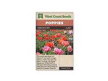 Sachet Pizzicato Mix de West Coast Seeds sur fond blanc. La photo montre un massif de pavots rouges, orange, roses et mauves, avec des fleurs en coupe et des boutons ovales verts. Le feuillage dense apparaît entre les tiges. Le bandeau orange indique Poppies et la bande brune porte Pizzicato Mix, code FL2057.