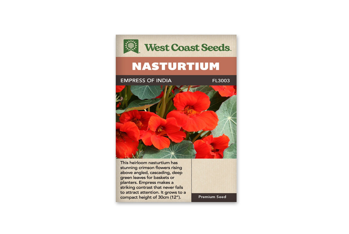 Sachet Empress of India de West Coast Seeds sur fond blanc. La photo présente plusieurs fleurs rouge vif parmi des feuilles rondes vert foncé aux nervures pâles. Des tiges vertes apparaissent entre les fleurs, dont les centres sont plus sombres. Le bandeau orange indique Nasturtium; la bande brune porte le nom Empress of India et le code FL3003.