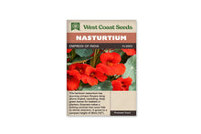 Sachet Empress of India de West Coast Seeds sur fond blanc. La photo présente plusieurs fleurs rouge vif parmi des feuilles rondes vert foncé aux nervures pâles. Des tiges vertes apparaissent entre les fleurs, dont les centres sont plus sombres. Le bandeau orange indique Nasturtium; la bande brune porte le nom Empress of India et le code FL3003.