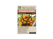 Le sachet West Coast Seeds montre une corbeille remplie d'immortelles jaune doré. Les capitules présentent plusieurs rangées de bractées papyracées, avec quelques centres jaunes visibles et des boutons encore fermés. Des feuilles vertes étroites accompagnent les fleurs. Le bandeau porte le nom Golden Yellow et la référence FL4071 au-dessus de la photographie.