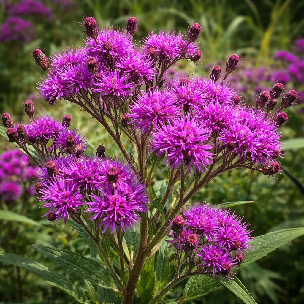Vernonie géante en fleurs, grande vivace indigène aux fleurs pourpres.