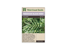 Sachet de huacatay West Coast Seeds présenté de face sur fond blanc. La photographie montre un feuillage vert très découpé, composé de folioles étroites aux bords dentés. Le bandeau mauve porte PERUVIAN BLACK MINT, et HUACATAY apparaît sur la bande foncée. Une description en anglais occupe la partie beige sous l’image de la plante.