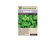 Sachet de persil Dark Green Italian West Coast Seeds présenté de face sur fond blanc. La photographie montre de larges feuilles vertes plates, découpées en lobes pointus, sur des tiges rapprochées. Le bandeau mauve porte PARSLEY, et DARK GREEN ITALIAN apparaît sur la bande foncée. Une description en anglais occupe la partie beige inférieure du sachet.