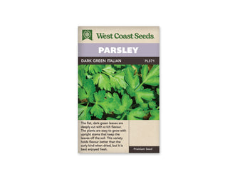 Sachet de persil Dark Green Italian West Coast Seeds présenté de face sur fond blanc. La photographie montre de larges feuilles vertes plates, découpées en lobes pointus, sur des tiges rapprochées. Le bandeau mauve porte PARSLEY, et DARK GREEN ITALIAN apparaît sur la bande foncée. Une description en anglais occupe la partie beige inférieure du sachet.