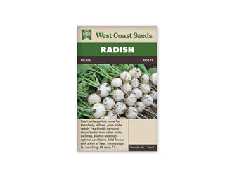 Sachet West Coast Seeds Pearl montrant une récolte de radis ronds blancs encore marqués de terre. Les racines fines s’étendent sur le sol et les fanes vertes se regroupent derrière les légumes. Le nom Pearl apparaît dans le bandeau brun au-dessus de la photo, sous le grand titre blanc sur fond vert.