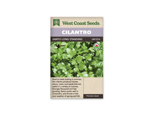Sachet de coriandre West Coast Seeds présenté de face sur fond blanc. La photo centrale montre des feuilles vertes découpées. Le mot CILANTRO apparaît dans un bandeau mauve, avec SANTO LONG STANDING sur la ligne foncée en dessous. Un symbole biologique est visible sur l’image. La partie beige inférieure contient une description en anglais.