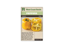Sachet West Coast Seeds de poivron Twingo, avec un bandeau vert clair portant le mot Peppers. La photo présente des fruits jaunes lobés sur un fond pâle. Un poivron entier se trouve à gauche et des fruits coupés montrent leur intérieur à droite. Le nom Twingo et le code PP622 figurent au-dessus de la photo.