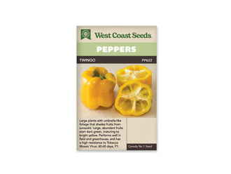 Sachet West Coast Seeds de poivron Twingo, avec un bandeau vert clair portant le mot Peppers. La photo présente des fruits jaunes lobés sur un fond pâle. Un poivron entier se trouve à gauche et des fruits coupés montrent leur intérieur à droite. Le nom Twingo et le code PP622 figurent au-dessus de la photo.