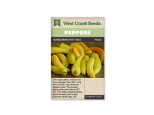 Sachet West Coast Seeds de piment Hungarian Hot Wax, avec bandeau vert clair et nom sur une ligne foncée. La photo montre un groupe de fruits jaunes, allongés et effilés, aux surfaces lisses et brillantes. Quelques pédoncules verts apparaissent entre les fruits. Une zone plus orangée se voit à l’arrière. Le bas beige porte le texte descriptif.