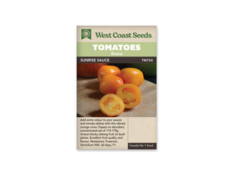 Sachet West Coast Seeds portant les mentions Tomatoes, Roma et Sunrise Sauce. La photo montre des tomates orange, entières et coupées, posées sur une planche de bois claire. Les moitiés au premier plan révèlent la chair et les petites loges à graines. Le nom et le code TM754 figurent sous les bandeaux verts de la marque.