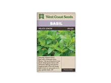 Sachet West Coast Seeds de Basilic citronné ‘Helios Lemon’, présenté de face sur fond blanc. La photographie du sachet montre de nombreuses petites feuilles vert clair, pointues et nervurées. Certaines sont incurvées vers le haut, avec des pousses plus tendres visibles entre les feuilles développées. Un bandeau mauve indique BASIL, au-dessus du nom imprimé sur fond foncé. Le bas beige contient un texte descriptif en anglais.