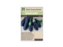 Sachet Diamond de West Coast Seeds avec une bande vert pâle et le nom sur fond sombre. La photo montre plusieurs aubergines allongées violet très foncé, aux calices verts, posées sur une surface claire. Les fruits ont une peau lisse et brillante. Un logo biologique figure à droite; le texte du bas est sur fond beige.