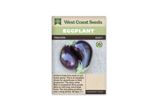 Sachet Traviata de West Coast Seeds avec une bande vert pâle et un nom sur fond sombre. La photo montre deux aubergines violet très foncé, lisses et brillantes, posées sur un tissu gris. Leurs calices sont verts. Un logo biologique se trouve à droite, et du texte est imprimé dans la zone beige du bas.
