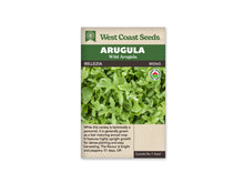 Sachet West Coast Seeds de roquette sauvage Bellezia, présenté de face sur fond blanc. Le nom Bellezia et la référence MS565 sont inscrits sous le bandeau vert Arugula. La photographie centrale montre un feuillage dense de feuilles vertes lobées et dentées. Le symbole biologique canadien apparaît à droite de l’image. Les renseignements de culture en anglais occupent la partie beige inférieure de l’emballage.