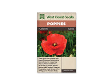 Sachet Flanders de West Coast Seeds sur fond blanc. La photo présente une fleur rouge écarlate aux larges pétales froissés, avec un centre vert pâle entouré d’étamines foncées. Des tiges et des boutons verts apparaissent dans l’arrière-plan flou. Le bandeau orange indique Poppies et la bande brune porte Flanders ainsi que le code FL3108.