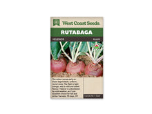 Sachet West Coast Seeds Helenor montrant trois rutabagas ronds encore dans la terre. Le haut des racines est violet rosé, avec une base claire partiellement enfouie. Des feuilles vertes se dressent au-dessus des pétioles pâles. Le nom Helenor est placé dans le bandeau brun, sous le titre blanc sur fond vert.
