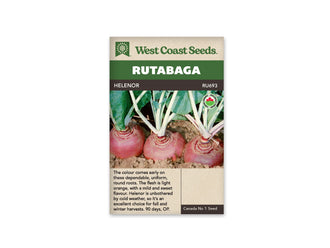 Sachet West Coast Seeds Helenor montrant trois rutabagas ronds encore dans la terre. Le haut des racines est violet rosé, avec une base claire partiellement enfouie. Des feuilles vertes se dressent au-dessus des pétioles pâles. Le nom Helenor est placé dans le bandeau brun, sous le titre blanc sur fond vert.